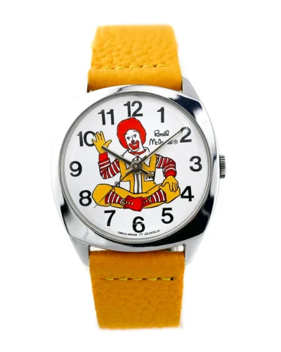 Ronald McDonald themed wristwatch with yellow strap