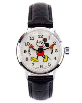 Mickey Mouse themed wristwatch with leather strap