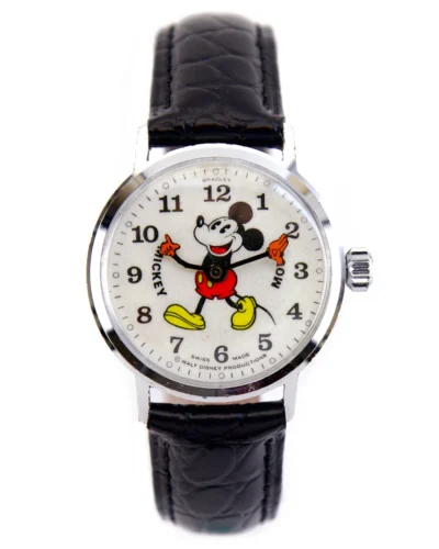 Mickey Mouse themed wristwatch with leather strap
