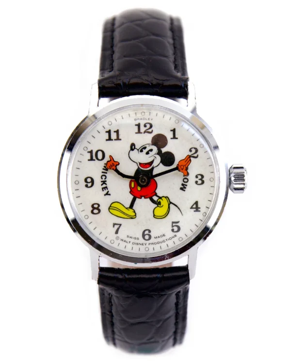Mickey Mouse themed wristwatch with leather strap