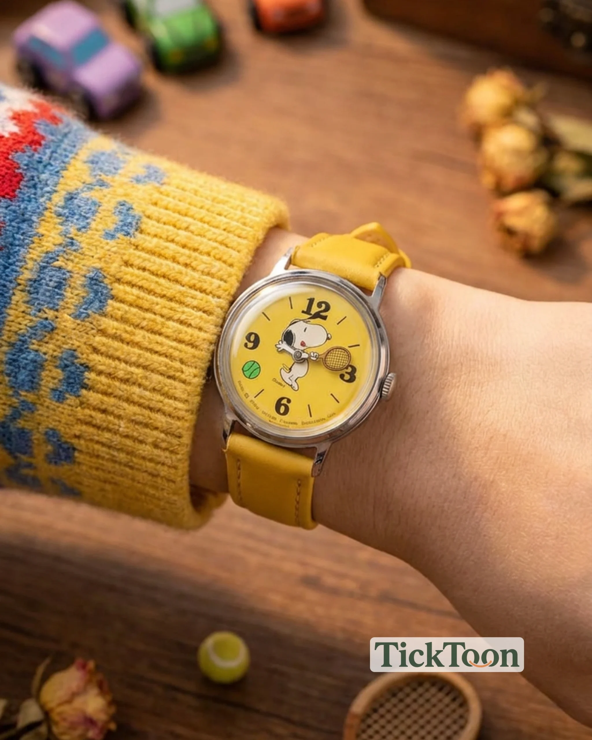A yellow Snoopy Tennis watch worn with a cosy jumper and nostalgic keepsakes.