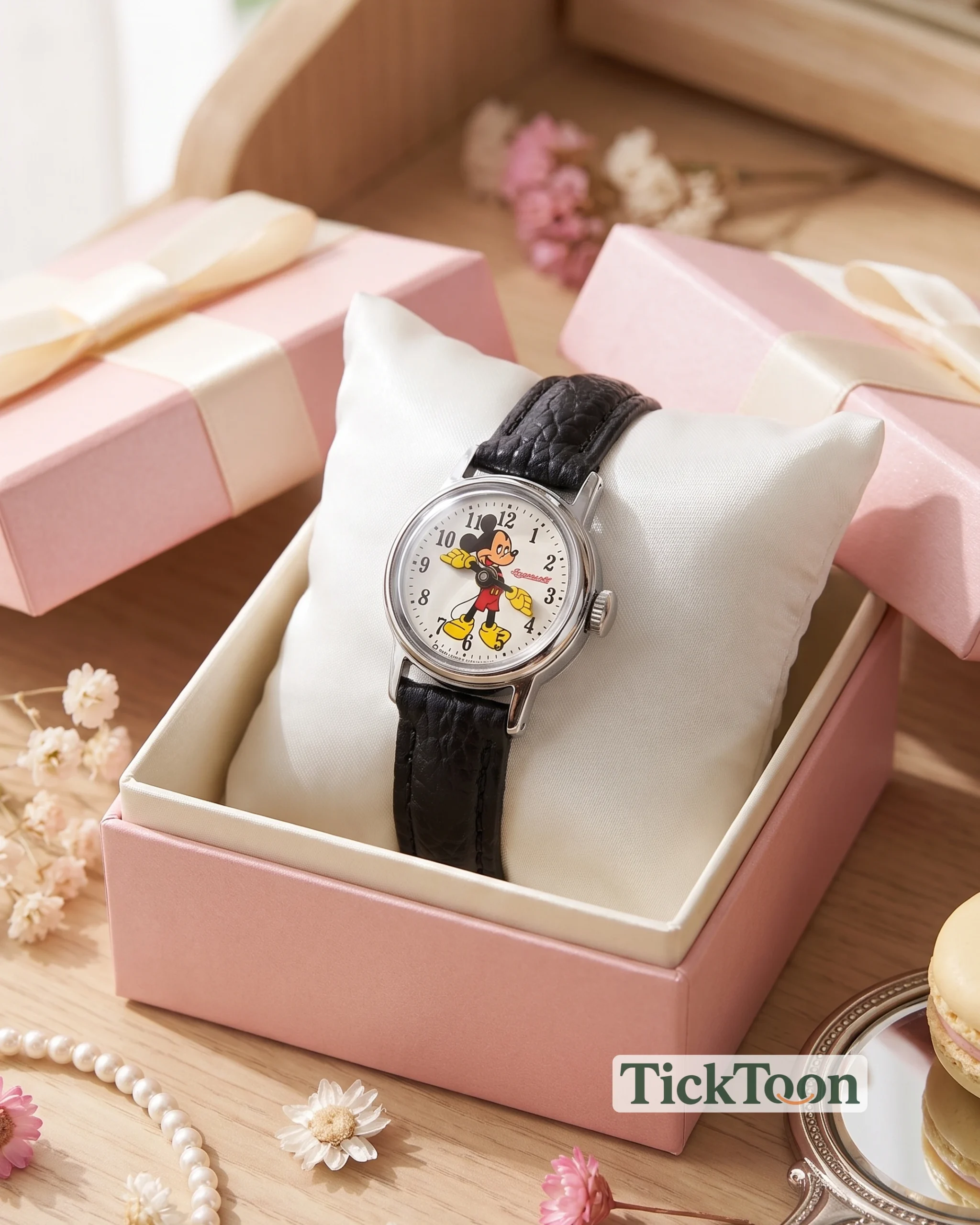 A Mickey Mouse watch in a pink gift box beside flowers and pearls.